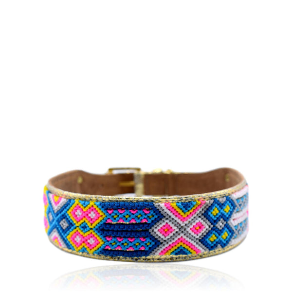 Handcrafted pink and blue dog leather collar with gold accents